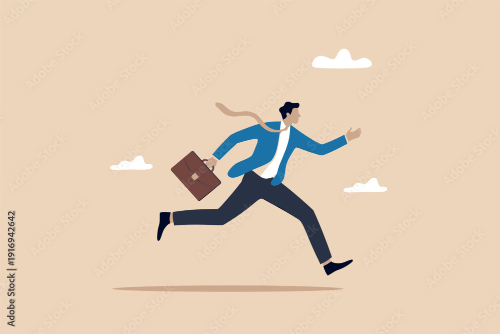 Fototapeta premium Businessman in a blue suit running fast while carrying a briefcase against a beige background. Vector, illustration