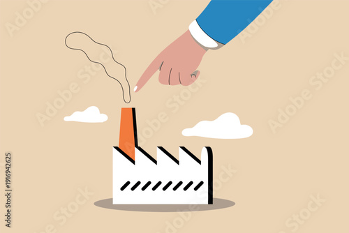 Conceptual illustration of a giant hand pointing at a factory chimney with smoke emissions Vector, illustration