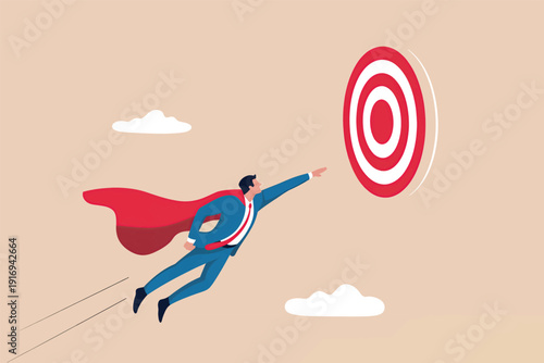 Businessman superhero flying towards a bullseye target to achieve success and business goals. Vector, illustration