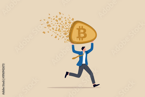 Businessman running while carrying a large bitcoin coin that is slowly disintegrating into pieces Vector, illustration