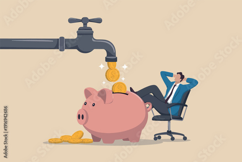 Businessman relaxing as gold coins flow from a water faucet into a large pink piggy bank Vector, illustration