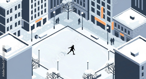 Person ice skating alone on snowy city square surrounded by buildings and trees in winter
