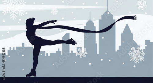 Woman ice skating with flowing ribbon against snowy city skyline silhouette