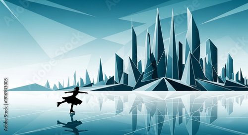 Silhouette of a ballerina dancing on a reflective surface with futuristic cityscape and geometric shapes in the background conveying freedom and joy