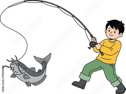 Cartoon illustration of a young boy fisherman catching a large catfish with a fishing rod for outdoor recreation hobby sports and childhood activity