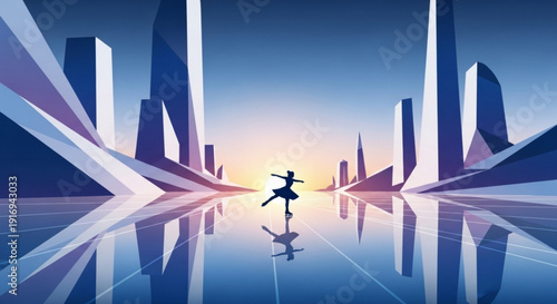 Person dancing in futuristic cityscape with sleek skyscrapers at sunset reflecting off wet pavement