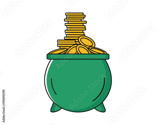 Green cauldron filled with gold coins representing wealth, prosperity, fortune and st. patrick's day folklore symbol of luck and treasure