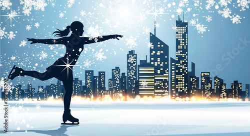 Woman ice skating gracefully on frozen pond with city skyline at dusk snowflakes falling around her