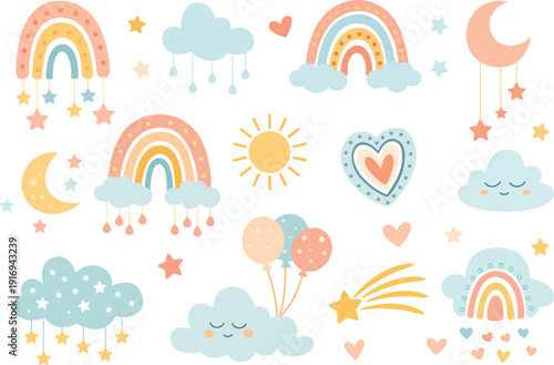 Set of cute boho baby objects in Scandinavian style: rainbow, clouds, stars, moon, balloons, hearts, sun. Doodle kid clipart for baby shower invitation, nursery room decor, poster and cards.