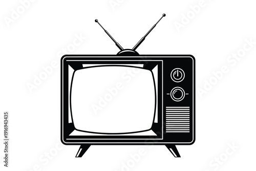 Retro black and white vintage television with antennas and control knobs representing media, broadcasting, nostalgia and entertainment culture