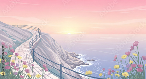 Serene cliffside path with vibrant flowers and ocean view at sunset peaceful atmosphere with pastel colors and winding walkway