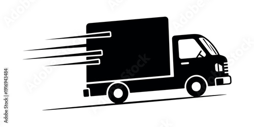 Minimal black and white delivery truck icon with speed lines representing fast shipping, logistics, transportation and express courier service theme