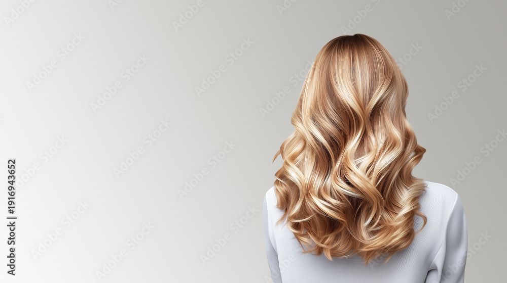 Fototapeta premium Rear view of a woman with long, voluminous wavy blonde hair. Healthy shiny curls with soft studio lighting on a minimal neutral background. Haircare, beauty salon, hairstyle concept.