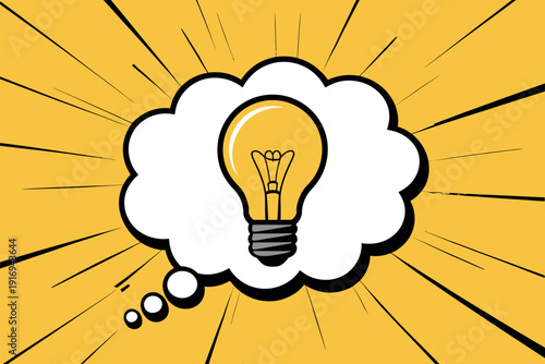 A cartoon lightbulb in a thought bubble on a bright yellow background with black lines.