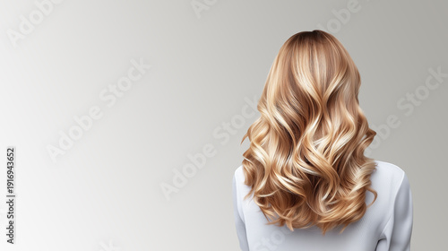Rear view of a woman with long, voluminous wavy blonde hair. Healthy shiny curls with soft studio lighting on a minimal neutral background. Haircare, beauty salon, hairstyle concept.