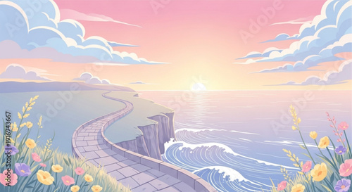 Serene coastal pathway with vibrant wildflowers at sunrise soft pink sky and gentle ocean waves