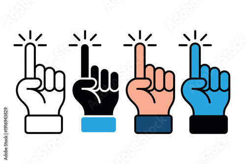 Four cartoon hands with index fingers pointing up in different colors and styles