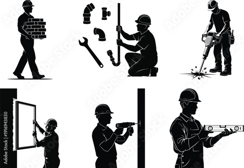 Silhouette vector set of workers and professionals in various job roles and activities flat design illustration