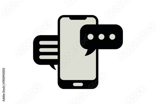 A simple black and white illustration of a smartphone with speech bubbles