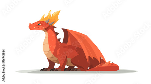 A red dragon with yellow flames on its head sits and looks to the left
