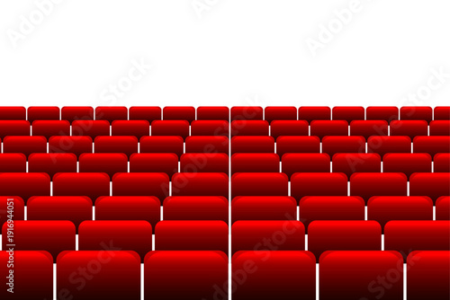 Rows of empty red theater seats against a bright white background