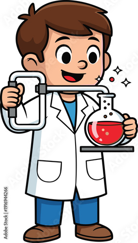 Cute cartoon boy scientist in white lab coat conducting a chemical experiment with red liquid in a glass flask for STEM education branding