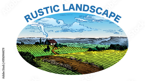 Rustic meadow hand drawn village landscape illustration with fields. Beautiful scentic view for milk, cheese farm products. Eco food.