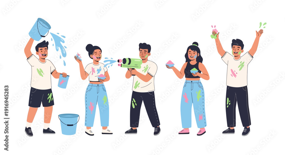 Obraz premium Group of people celebrating creative art project together, standing in a line, holding paintbrushes and colorful paint splatters