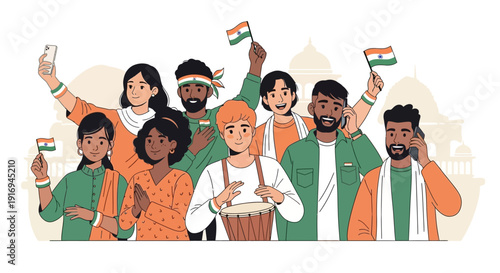 Diverse group celebrating independence with flags and drums in vibrant attire