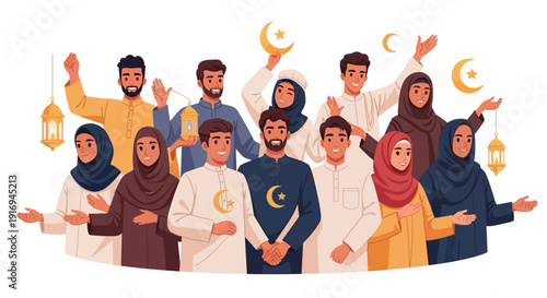 Diverse community celebrating together with crescent moons and lanterns, expressing joy and unity, digital illustration