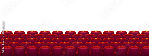 Rows of empty red theater seats facing a bright white background