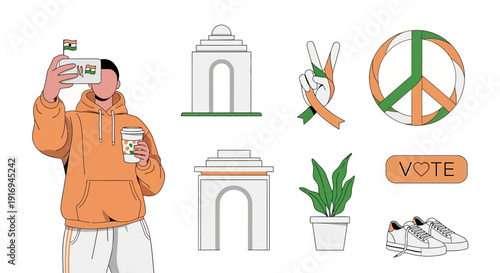 Illustration of a person holding a voting card with various symbols around India Gate monument
