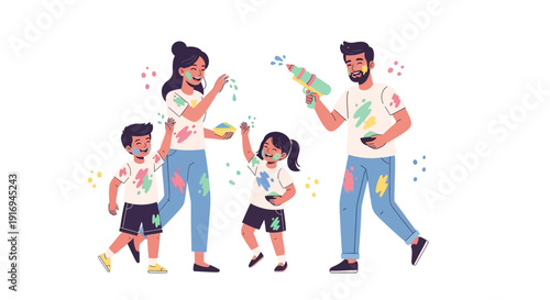 Family Celebrating with Colorful Party Poppers and Confetti in a Joyful Scene from a Slightly Elevated Viewpoint