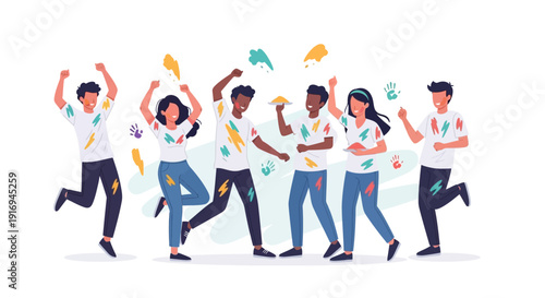 Group of diverse people celebrating with confetti and jumping in the air vector illustration