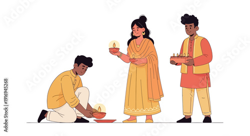 Three people in traditional attire participating in a cultural ritual together, holding offerings and kneeling, vector illustration.