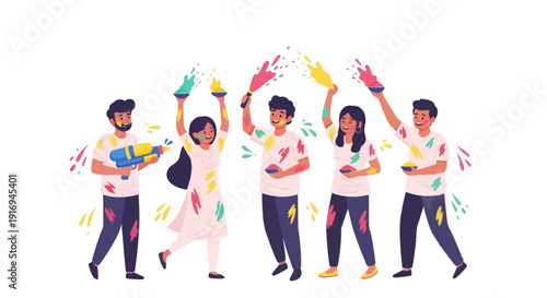 Vibrant group of people celebrating with colorful powder in a lively scene, Whisk, vector illustration