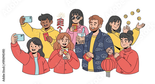 Group of diverse people celebrating with traditional clothing and festive elements, capturing moments with mobile devices, Whisk-inspired illustration, vibrant scene, dynamic viewpoint