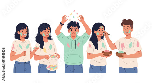 Group of young adults celebrating with confetti and food in a lively scene from a front viewpoint