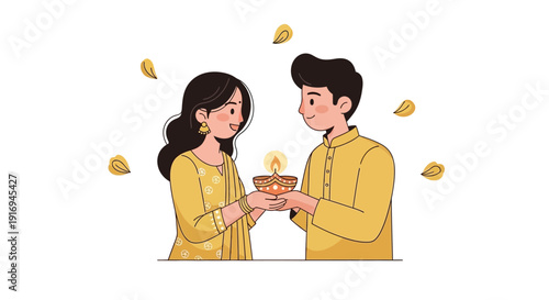 Couple in traditional attire exchanging a lit diya surrounded by falling leaves