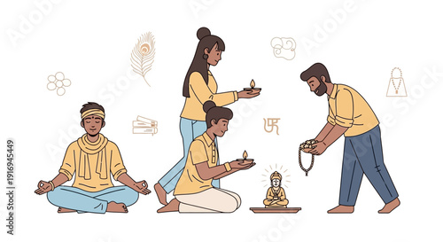 Group Meditation Scene with Man Using Sacred Object, People in Yoga Pose, Spiritual Leader Guiding, Serene Atmosphere, Vector Illustration