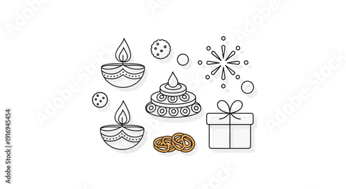 Festive Diwali celebration illustration featuring lamps, gift, and sweets in a traditional setting