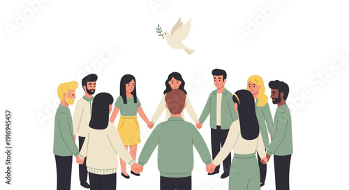 Diverse group of people standing together in unity with a dove flying above them
