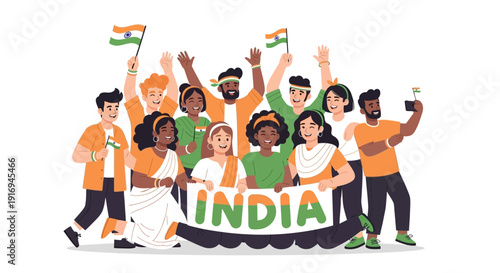 Diverse group of people celebrating together with Indian flags and banner in vibrant orange and green attire