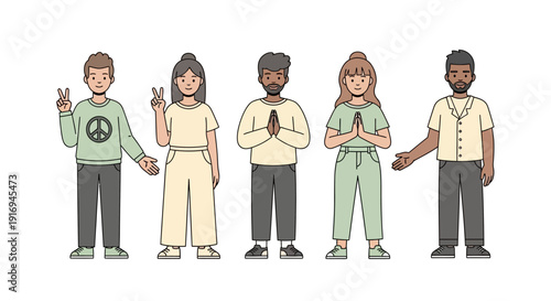 Diverse group of people standing together, expressing various gestures and emotions in a simple illustration.