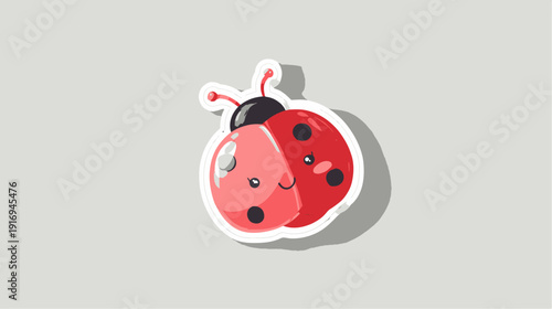 A cute cartoon ladybug sticker with glossy highlights, shadow effect on a light gray background