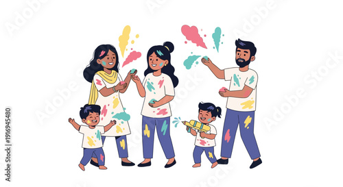 Family of five celebrating together with colorful paint splatters and joyful gestures