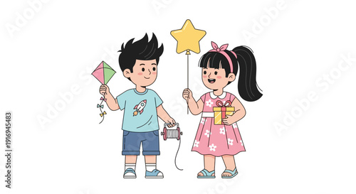 Children holding festive items standing together in a joyful scene viewed from the front