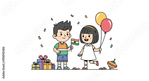 Children exchanging gifts and holding balloons in a joyful celebration scene with confetti and wrapped presents
