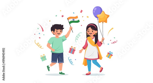 Children celebrating with gifts and balloons in a vibrant festive atmosphere