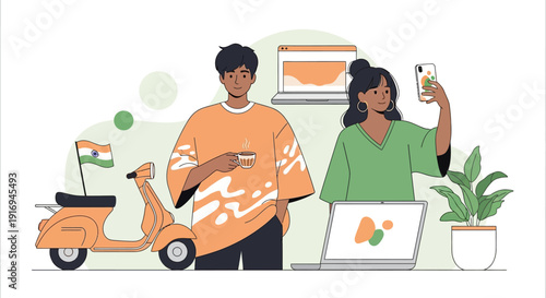 Young couple using digital devices near scooter with Indian flag, standing together outdoors with laptop and mobile phone